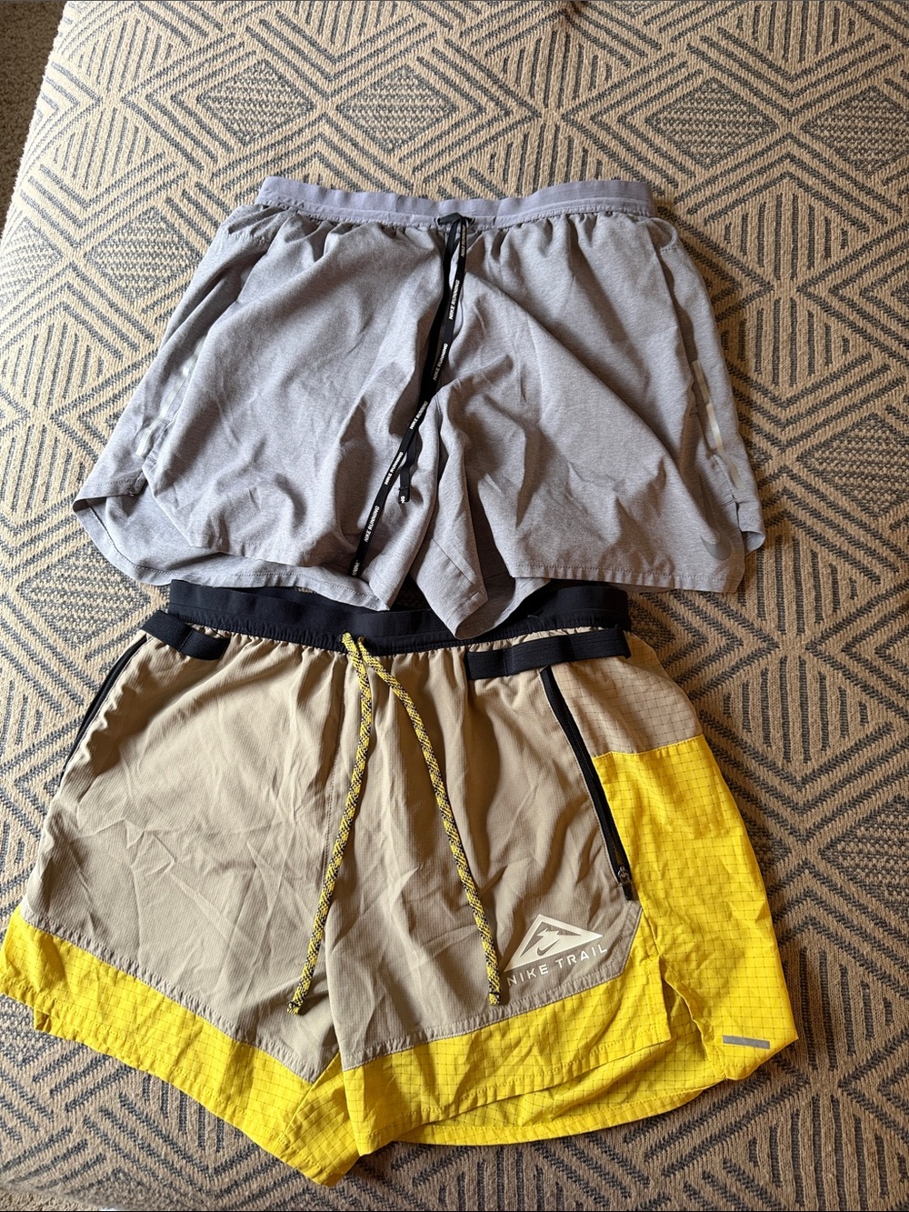Nike Men's Gray Running Shorts + Nike Khaki and Yellow Trail Shorts